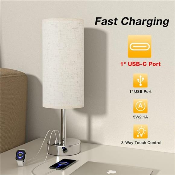 Touch Table Lamp for Bedroom Nightstand - Bedside Lamp with USB-C USB-A - Picture 6 of 6